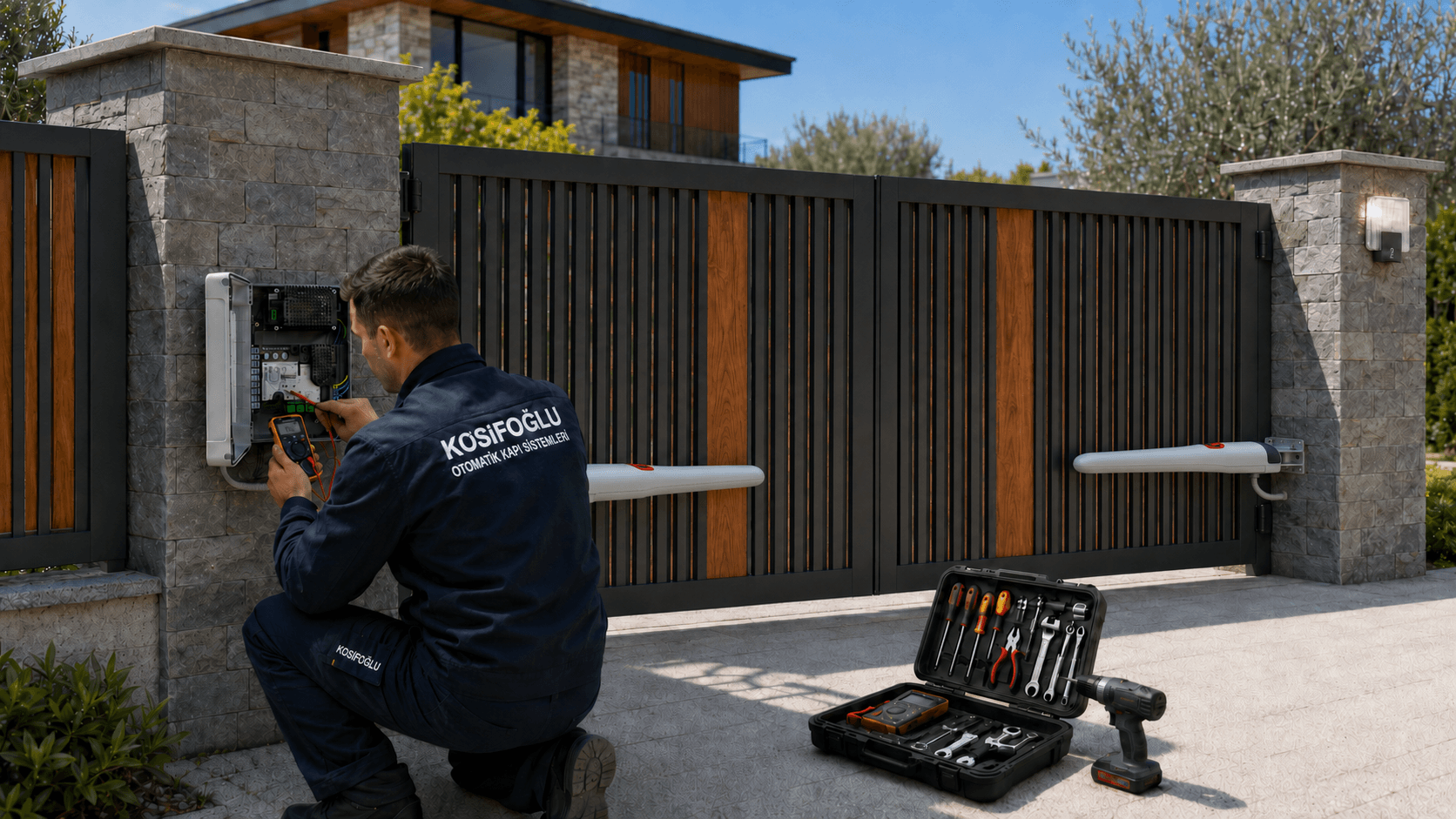 Kosifoğlu teknisyeni villa girişindeki dairesel kapı kontrol ünitesini yerinde multimetre ile ölçüyor